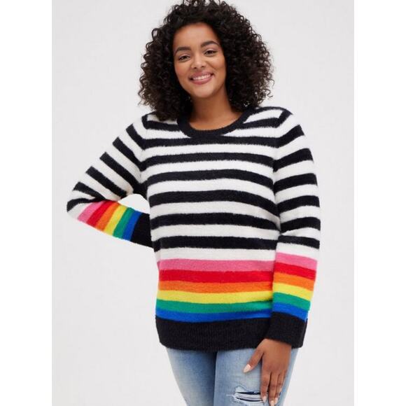 Torrid Rainbow Stripe Eyelash Fuzzy Pullover Sweater Size 1 - Picture 1 of 5